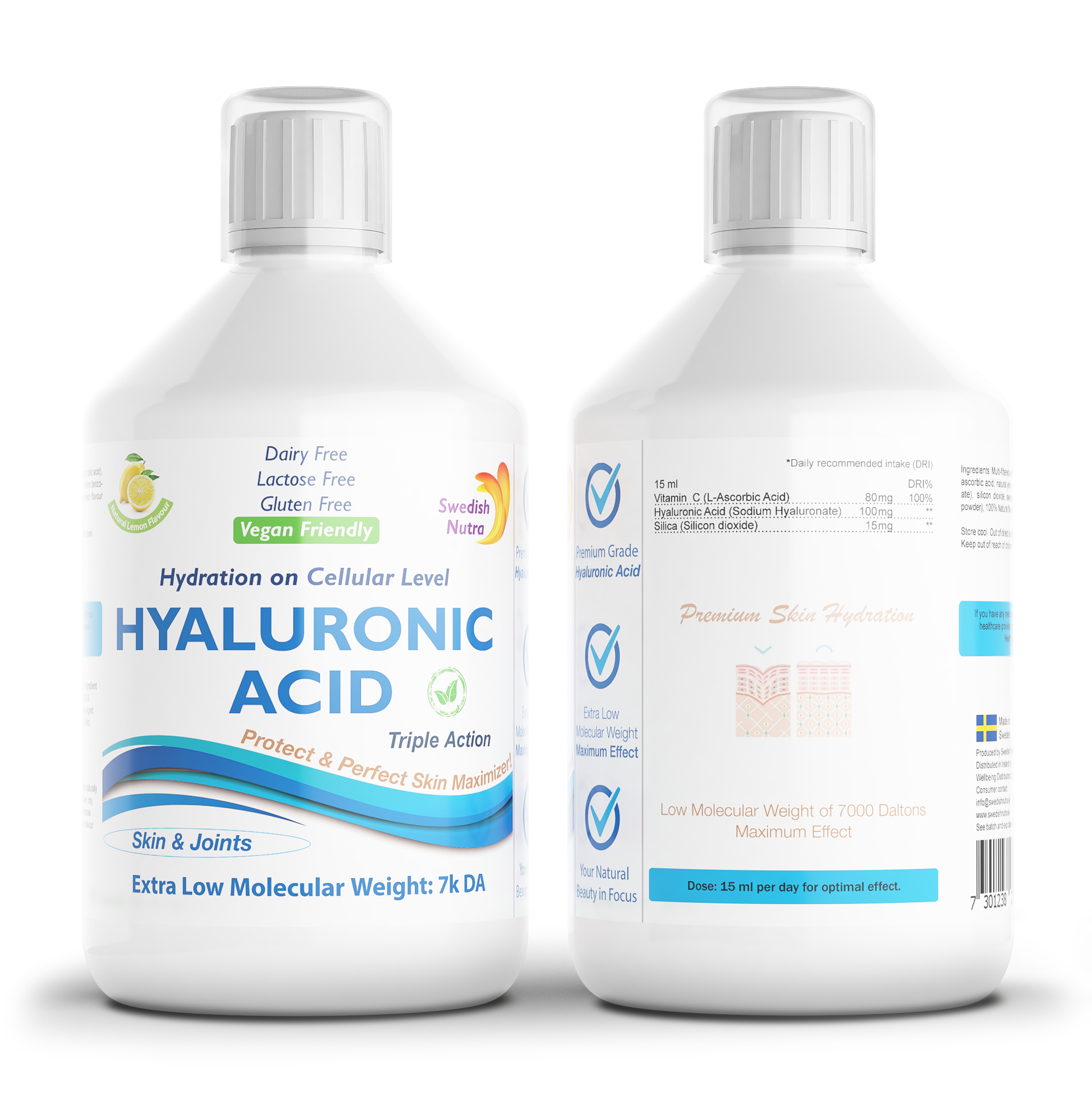 Hyaluronic Acid Liquid sudėtis – hialurono rūgštis, vitaminas C, silicis, citrinų skonio, be cukraus, vegan.