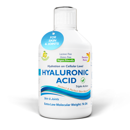 Swedish Nutra Hyaluronic Acid Liquid – skystas hialurono rūgšties papildas su vitaminu C ir siliciu, 500 ml.