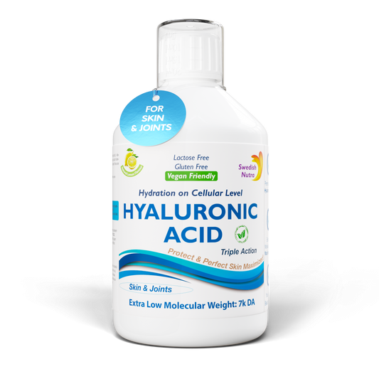 Swedish Nutra Hyaluronic Acid Liquid – skystas hialurono rūgšties papildas su vitaminu C ir siliciu, 500 ml.