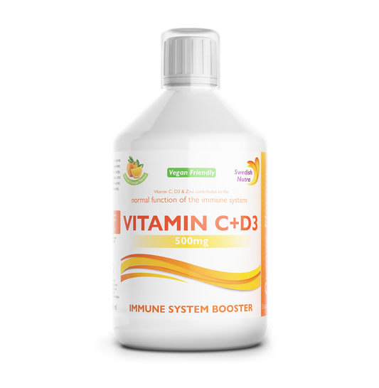 Swedish Nutra Vitamin C + D3 + Cinkas – skystas imunitetą stiprinantis papildas, apelsinų skonio, 500 ml.