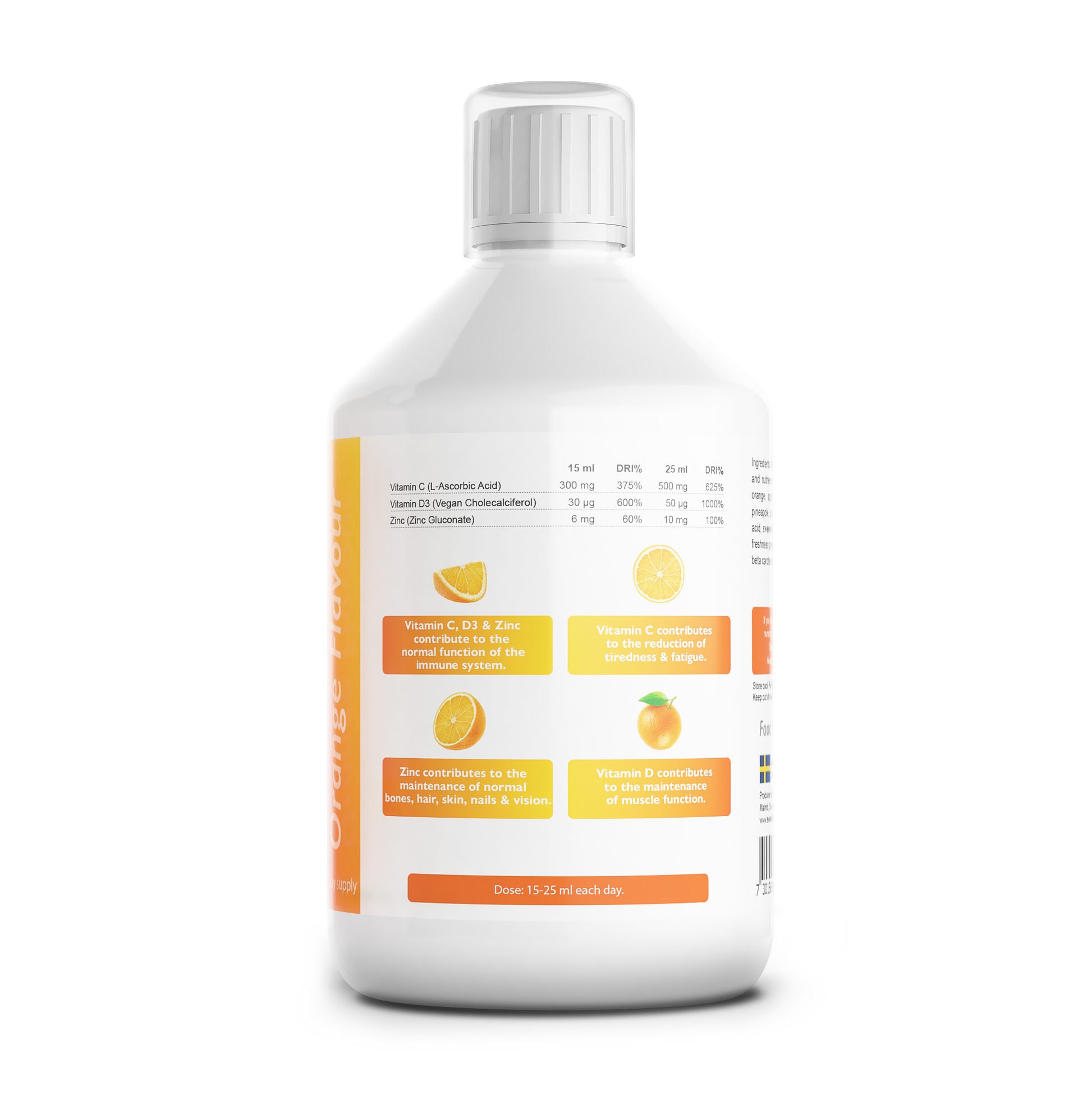 Vitamin C + D3 + Zinc Liquid Immune Booster sudėtis – vitaminas C, vitaminas D3, cinkas, vegan, be glitimo.