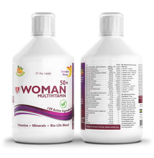 Swedish Nutra Multivitamin for Women 50+ – skysti multivitaminai moterims virš 50 metų, apelsinų skonio, 500 ml.