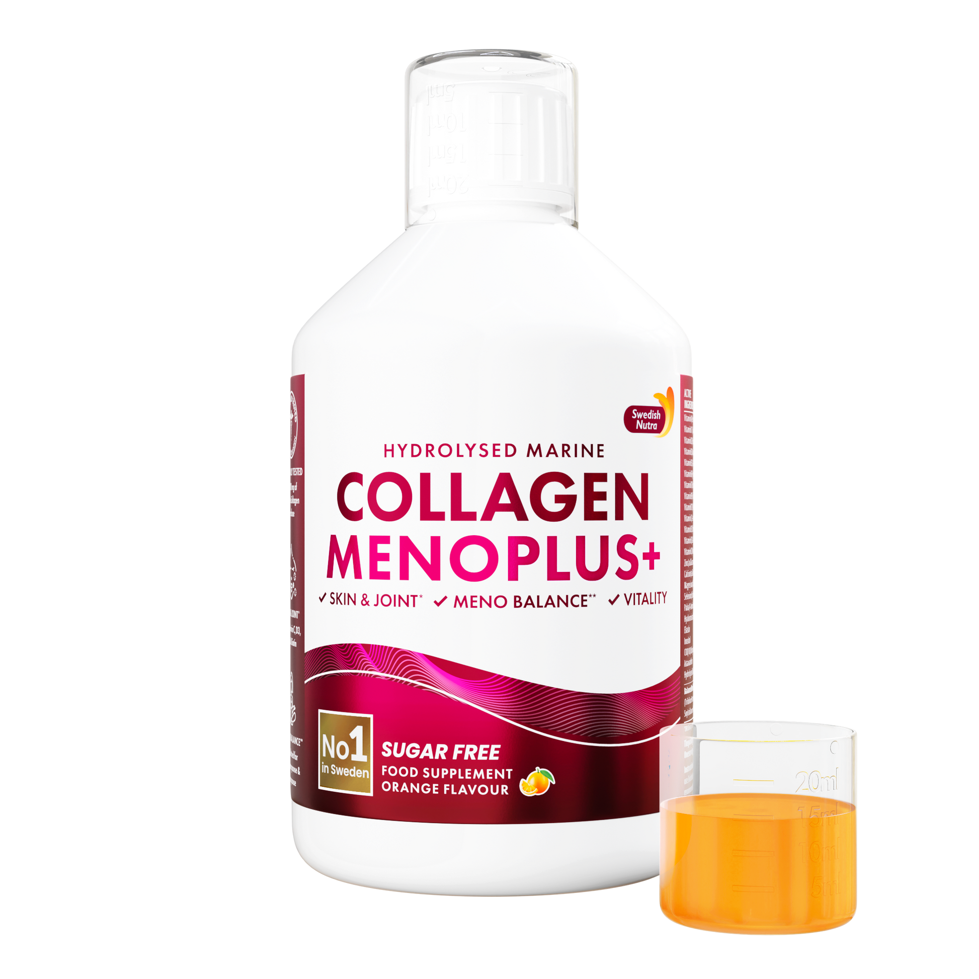 Swedish Nutra Collagen Menoplus+ – skystas kolagenas moterims menopauzės laikotarpiu, apelsinų skonio, 500 ml.
