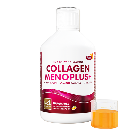 Swedish Nutra Collagen Menoplus+ – skystas kolagenas moterims menopauzės laikotarpiu, apelsinų skonio, 500 ml.