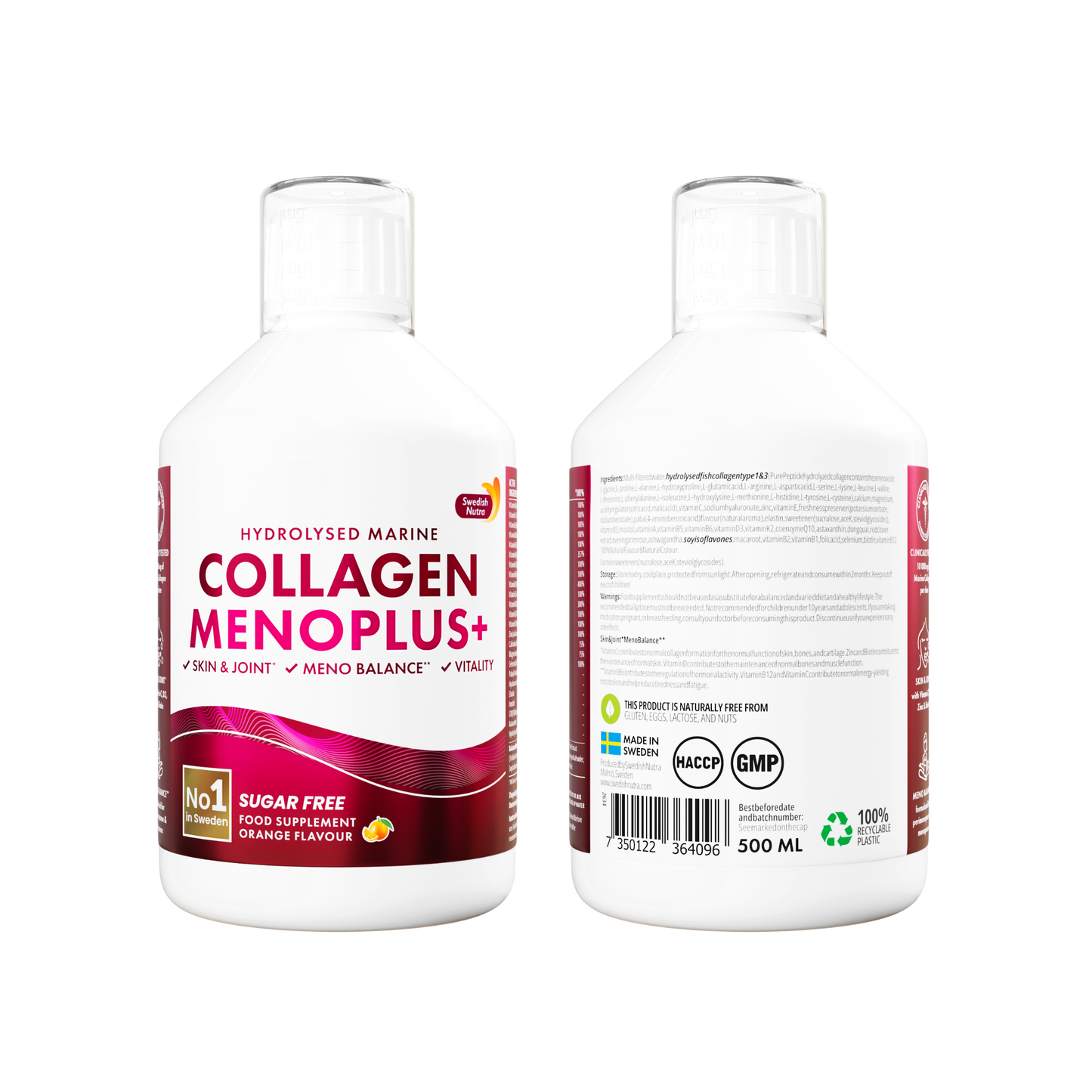 Collagen Menoplus+ sudėtis – 10 000 mg jūrinio kolageno, vitaminai, mineralai, fitohormonai ir adaptogenai, be cukraus.