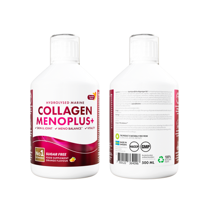 Collagen Menoplus+ sudėtis – 10 000 mg jūrinio kolageno, vitaminai, mineralai, fitohormonai ir adaptogenai, be cukraus.
