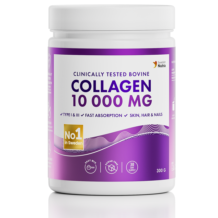 Swedish Nutra gyvūlinės kilmės kolagenas 10 000 mg milteliai, 300 g - bekvapis ir beskonis kolagenas odai, plaukams, nagams ir sąnariams