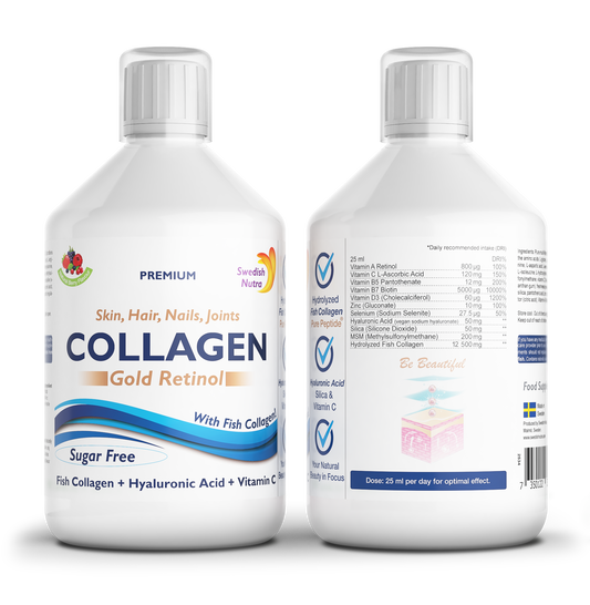 Swedish Nutra Collagen Gold Retinol, 500 ml – 12 500 mg jūrinio kolageno su retinoliu, odai, plaukams ir nagams.