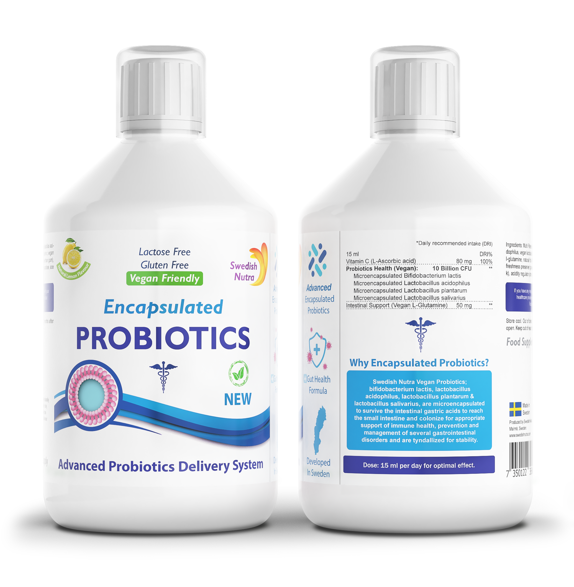 Swedish Nutra – Encapsulated Probiotics, skysti probiotikai su vitaminu C, citrinų skonio, 500 ml.
