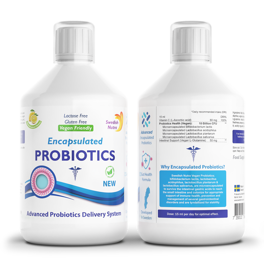 Swedish Nutra – Encapsulated Probiotics, skysti probiotikai su vitaminu C, citrinų skonio, 500 ml.