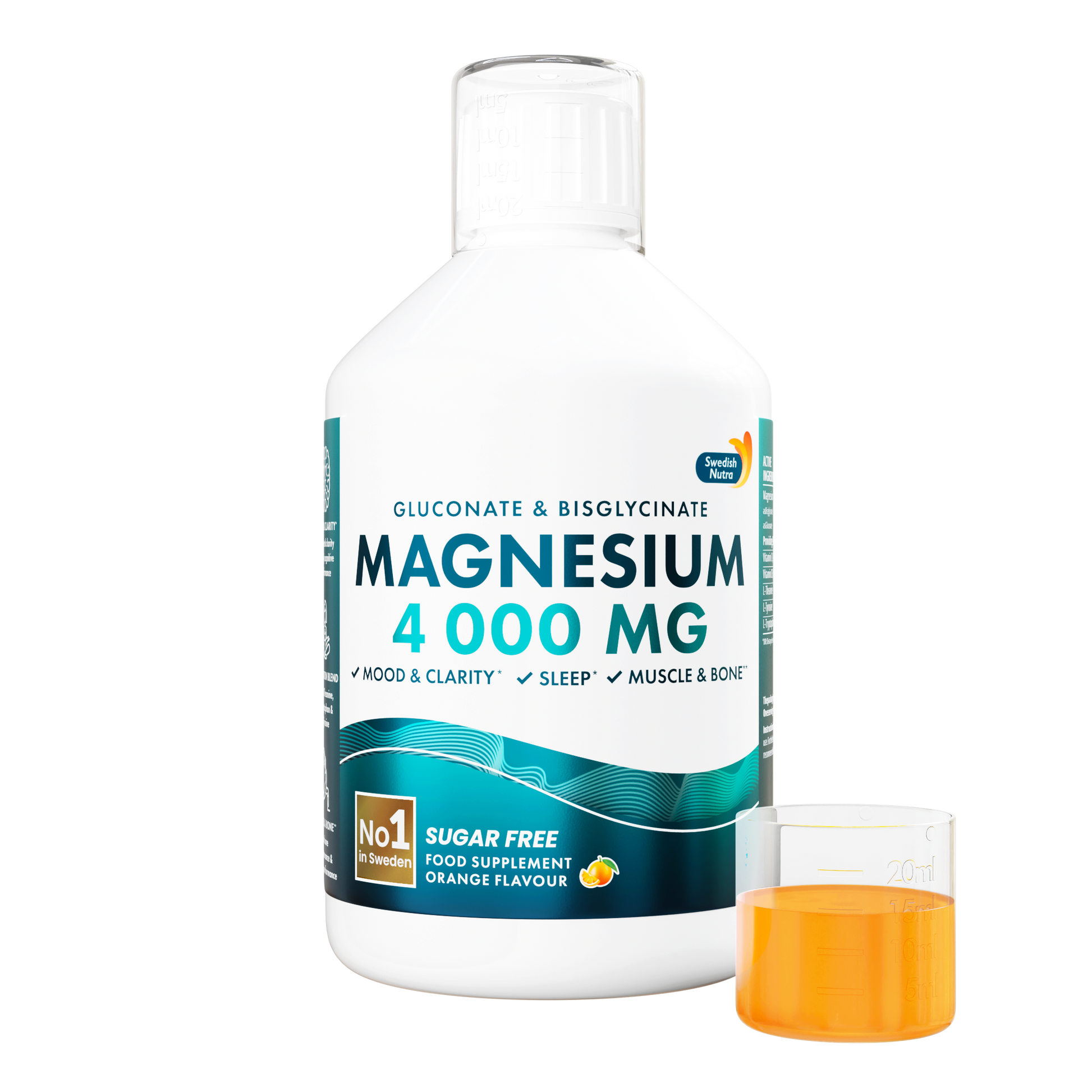 Swedish Nutra Liquid Magnesium Bisglycinate – skystas magnis su vitaminais C, B6 ir B12, 500 ml, tropinių apelsinų skonio.