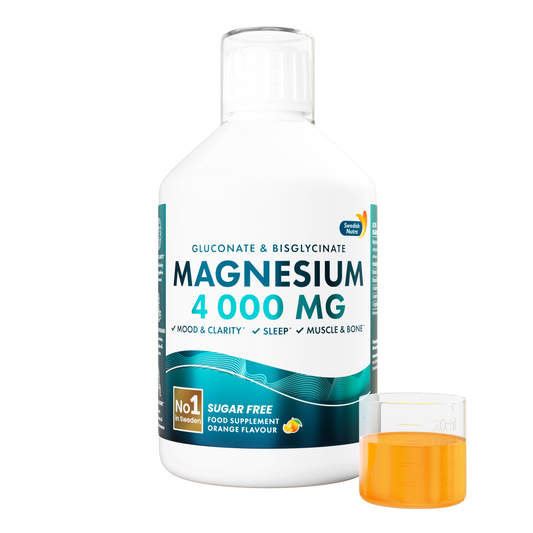 Swedish Nutra Liquid Magnesium Bisglycinate – skystas magnis su vitaminais C, B6 ir B12, 500 ml, tropinių apelsinų skonio.