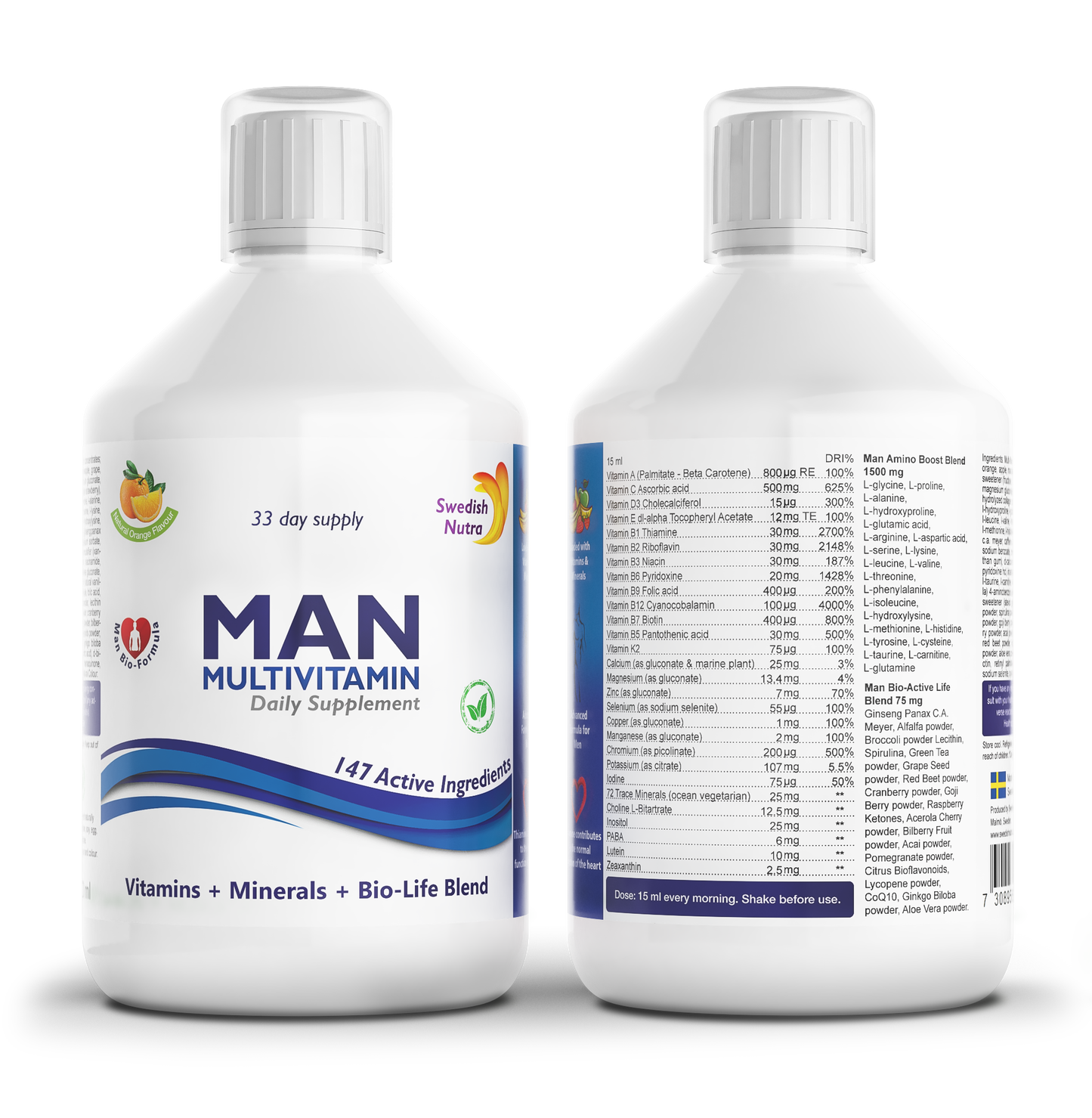 Swedish Nutra Man Multivitamin – skysti multivitaminai vyrams, 500 ml, apelsinų skonio.