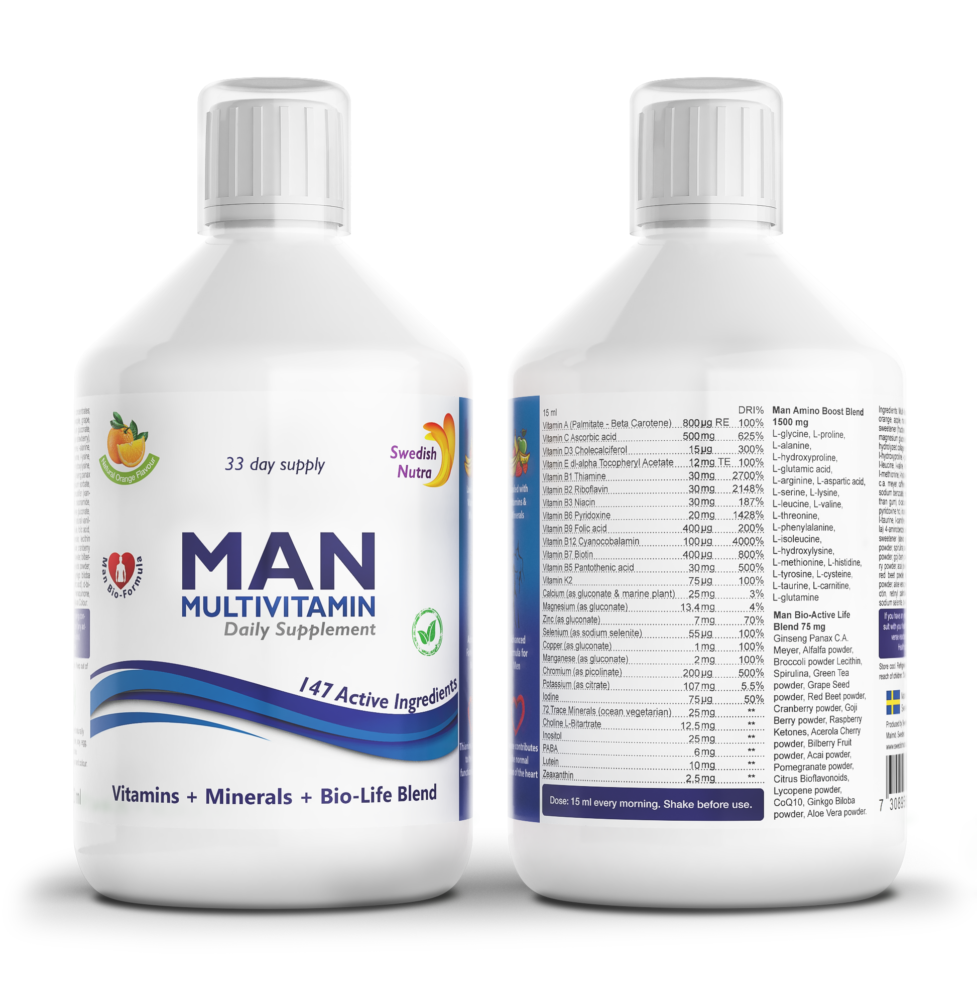 Swedish Nutra Man Multivitamin – skysti multivitaminai vyrams, 500 ml, apelsinų skonio.