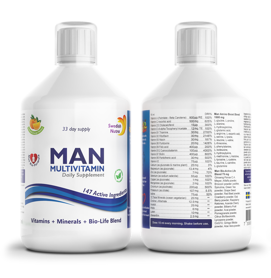Swedish Nutra Man Multivitamin – skysti multivitaminai vyrams, 500 ml, apelsinų skonio.