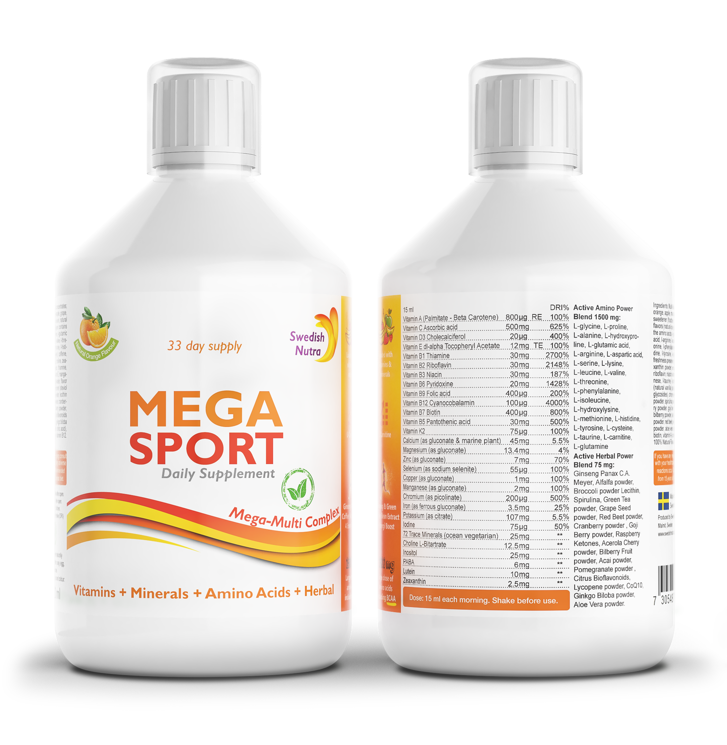 Swedish Nutra Mega Sport skysti multivitaminai sportuojantiems, 500 ml buteliukas