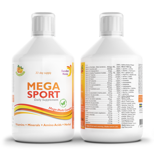 Swedish Nutra Mega Sport skysti multivitaminai sportuojantiems, 500 ml buteliukas