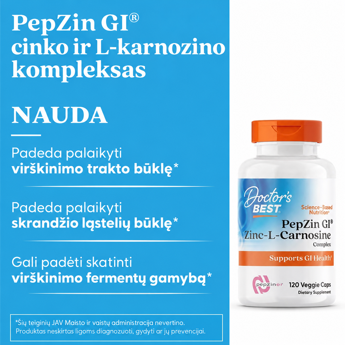 Doctor’s Best PepZin GI cinko ir L-karnozino komplekso savybės