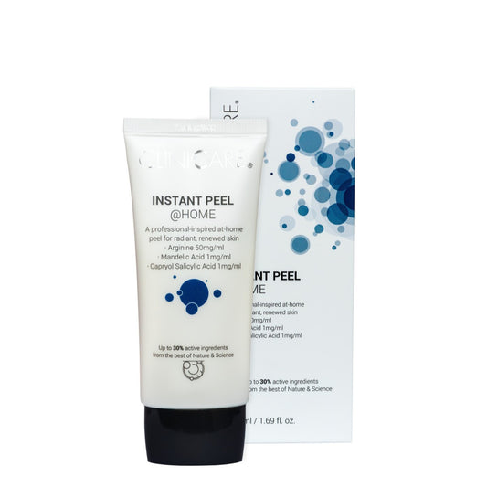 CLINICCARE Instant Peel @Home veido šveitiklis, 50 ml – tūbelė ir dėžutė baltame fone