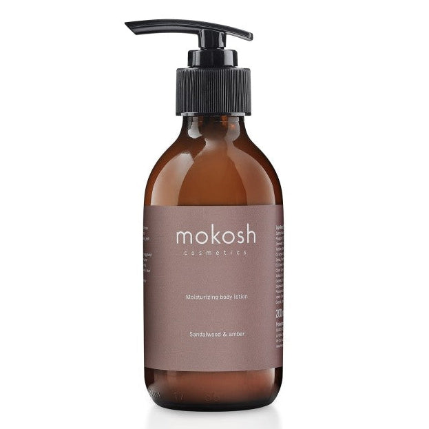 MOKOSH kūno losjonas „Sandalwood & Amber“ – drėkinantis ir maitinantis losjonas su sandalmedžio ir gintaro aromatu, Luminosa.lt