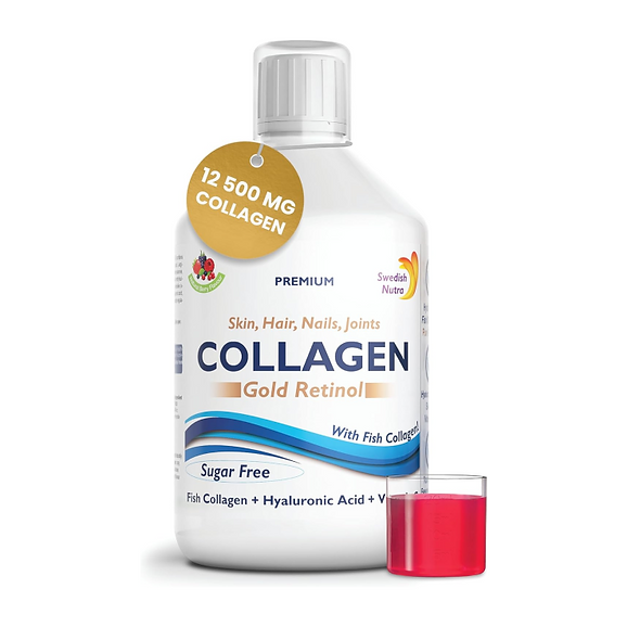 Swedish Nutra Collagen Gold Retinol  – kolagenas, retinolis, hialurono rūgštis, vitaminai ir mineralai.