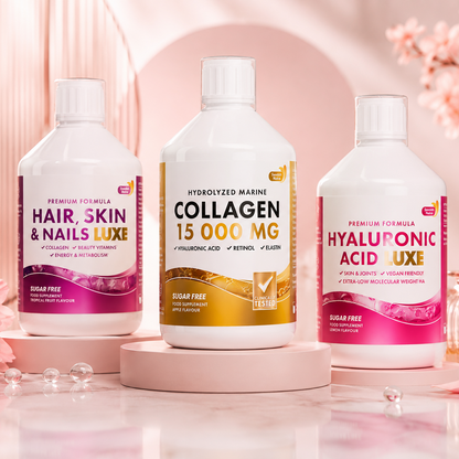 Swedish Nutra premium grožio rutina iš vidaus su Marine Collagen 15000 mg, Hair Skin Nails Luxe ir Hyaluronic Acid Luxe