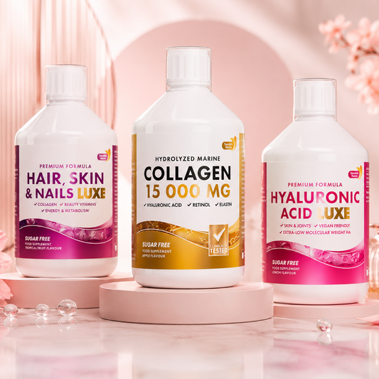 Swedish Nutra premium grožio rutina iš vidaus su Marine Collagen 15000 mg, Hair Skin Nails Luxe ir Hyaluronic Acid Luxe