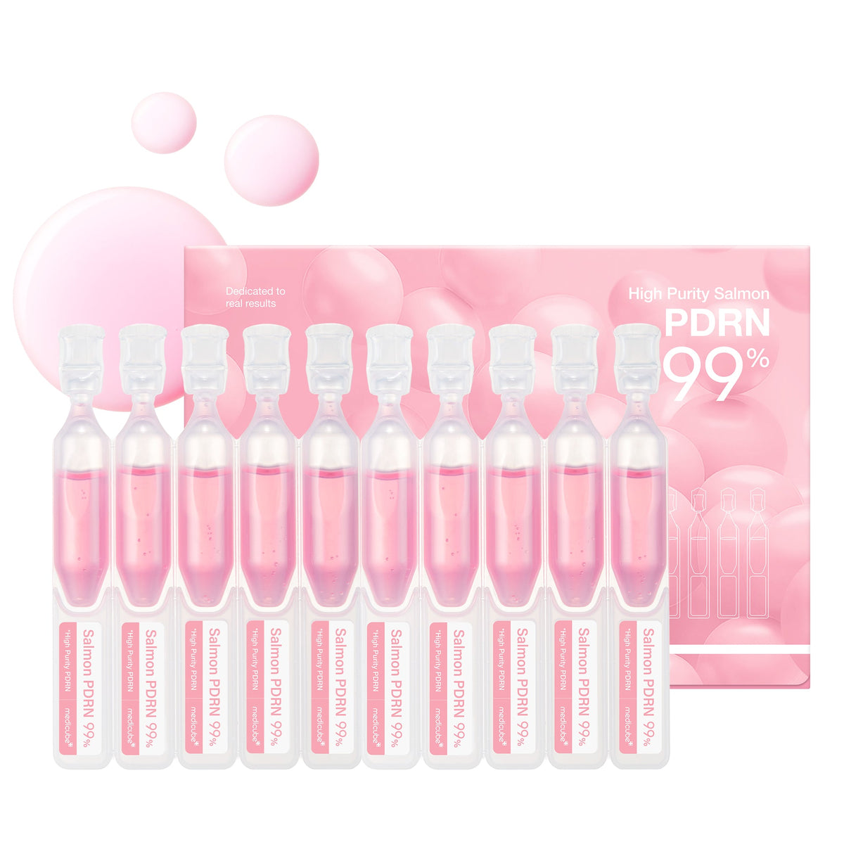 Medicube PDRN Pink One Day Serum – 10 veido serumo ampulių ir pakuotė