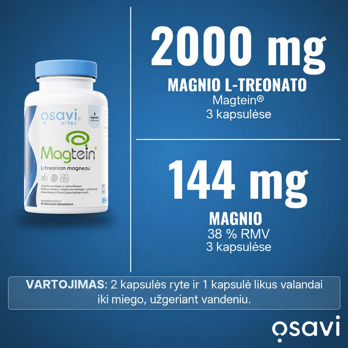 Osavi Magtein – 2000 mg magnio L-treonato ir 144 mg magnio trijose kapsulėse, vartojimo informacija