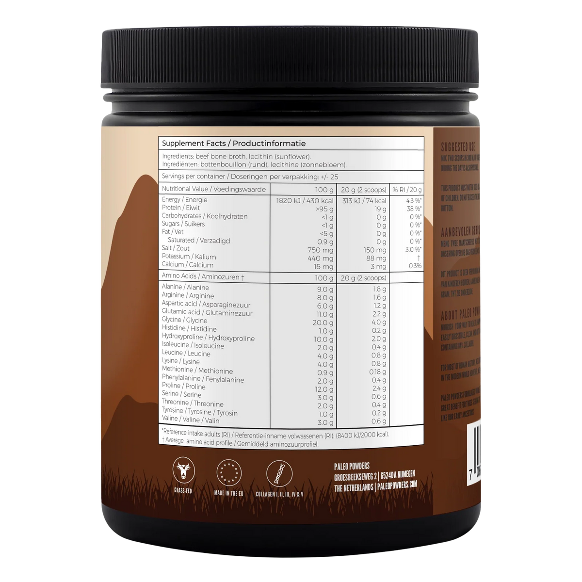 Paleo Powders Bone Broth, 500 g – sudėtis, maistinė vertė ir aminorūgščių profilis ant pakuotės