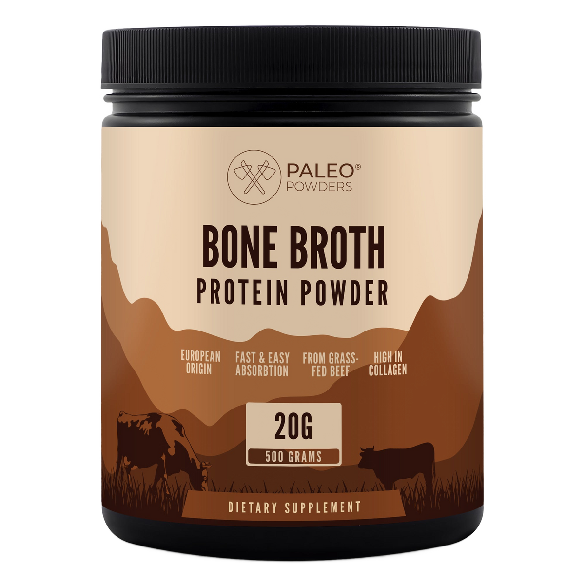 Paleo Powders Bone Broth jautienos kaulų sultinio milteliai, 500 g, pakuotė baltame fone
