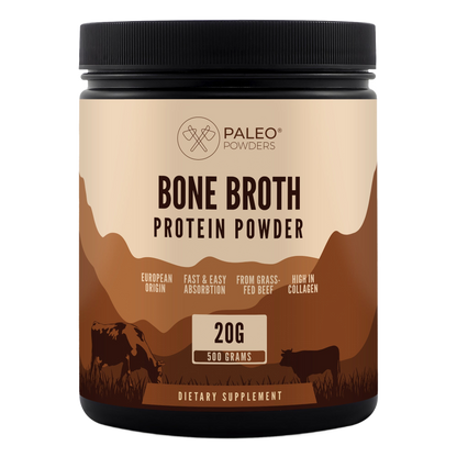 Paleo Powders Bone Broth jautienos kaulų sultinio milteliai, 500 g, pakuotė baltame fone