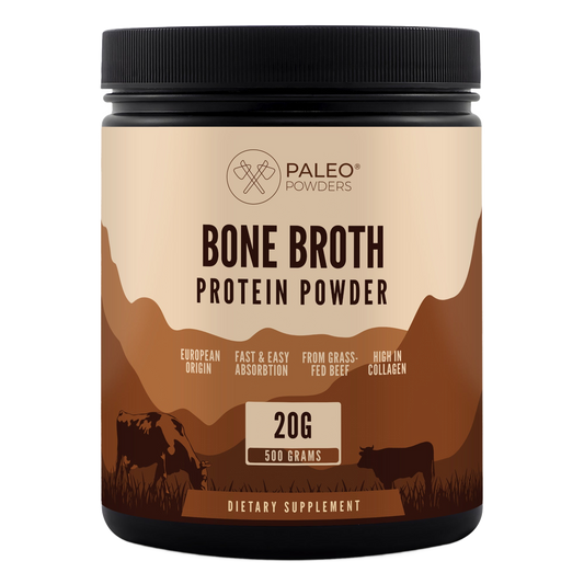 Paleo Powders Bone Broth jautienos kaulų sultinio milteliai, 500 g, pakuotė baltame fone