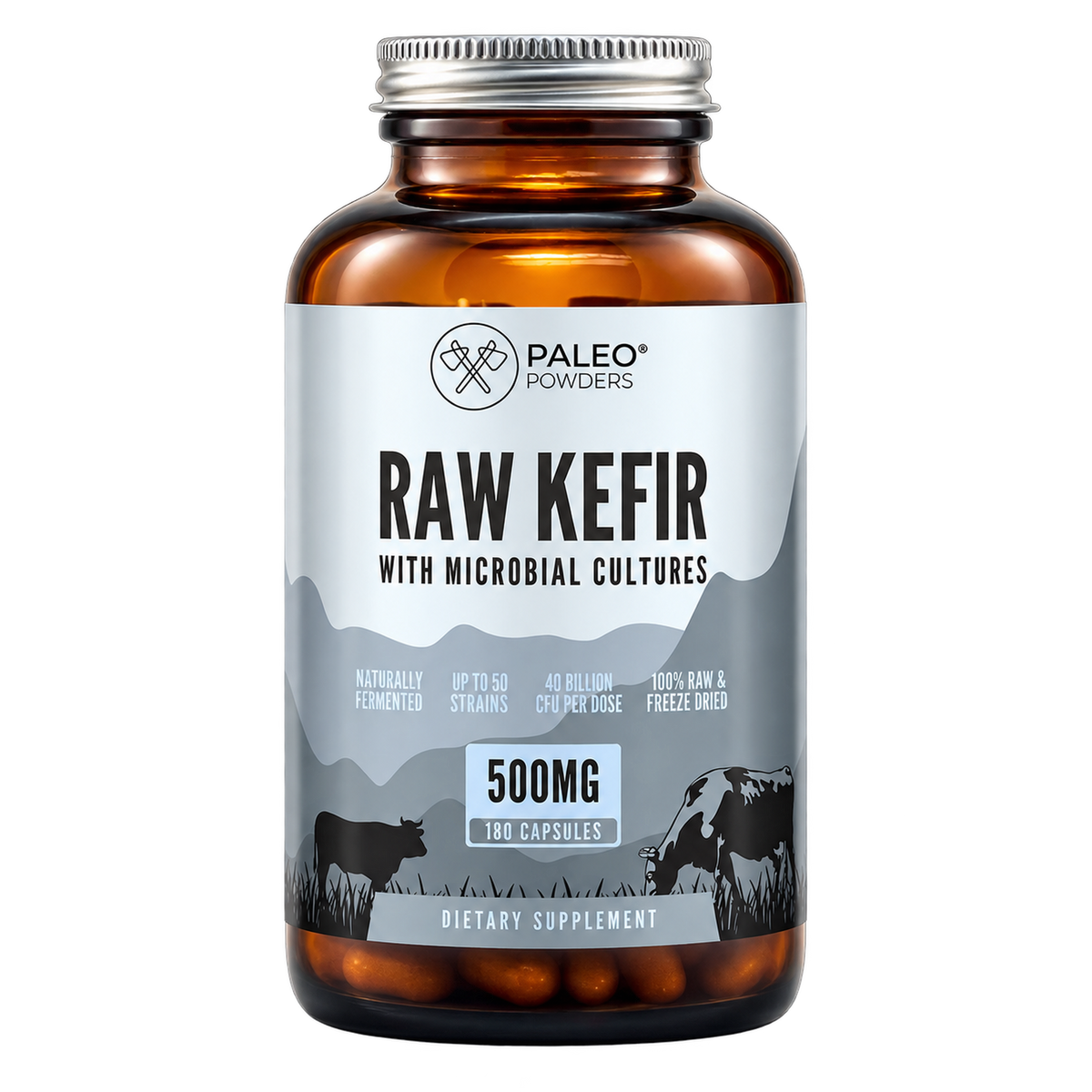 Paleo Powders Raw Kefir, 180 kapsulių – fermentuoto kefyro kapsulių pakuotė