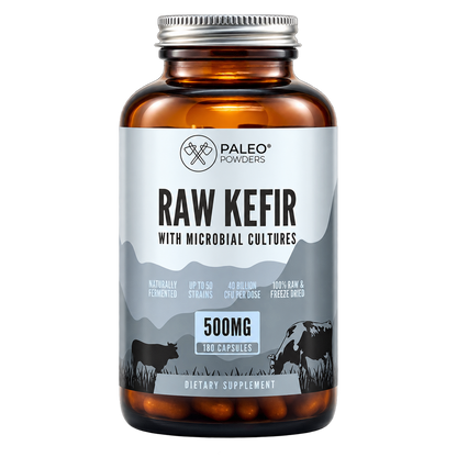 Paleo Powders Raw Kefir, 180 kapsulių – fermentuoto kefyro kapsulių pakuotė