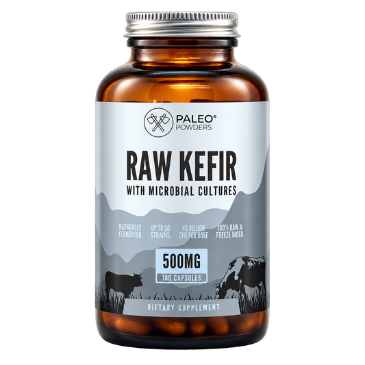 Paleo Powders Raw Kefir, 180 kapsulių – fermentuoto kefyro kapsulių pakuotė