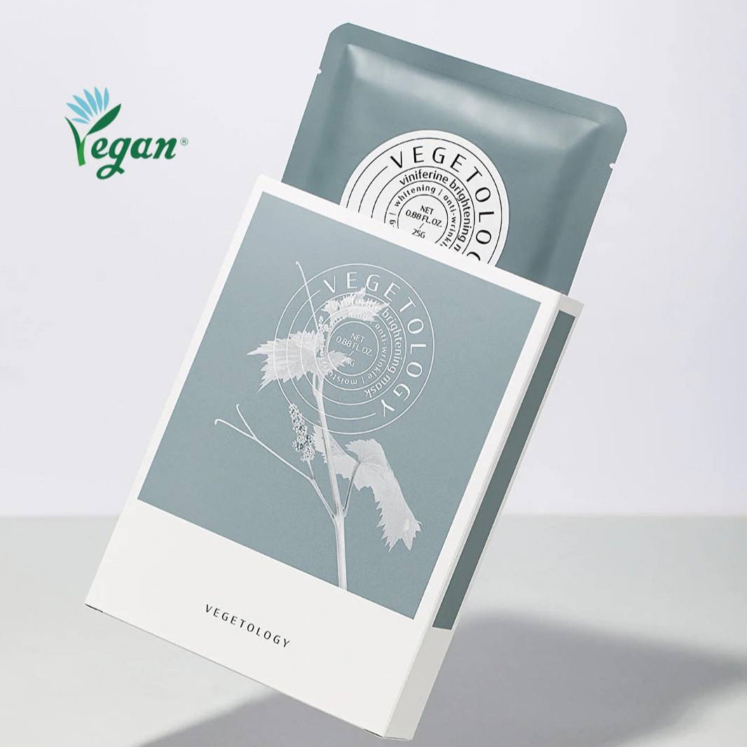 Vegetology Viniferine šviesinanti veido kaukė – anti-senėjimo lakštinė kaukė su Viniferinu, 100% veganiška, 10 vnt. rinkinys jautriai odai
