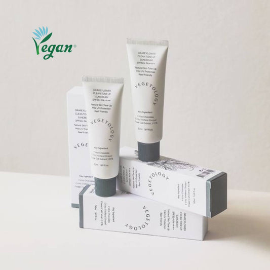 Vegetology Grape Flower veido kremas su SPF 50+ ir PA++++ – natūralus, veganiškas dieninis kremas su itin didele apsauga nuo saulės, jautriai odai