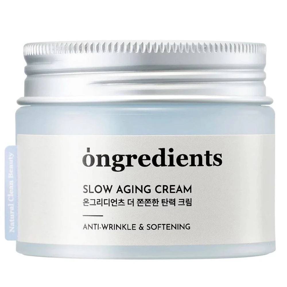 Ongredients Slow Aging Cream – anti-senėjimo, stangrinantis veido kremas su mėlynosios žirnelės ekstraktu ir hialuronu.