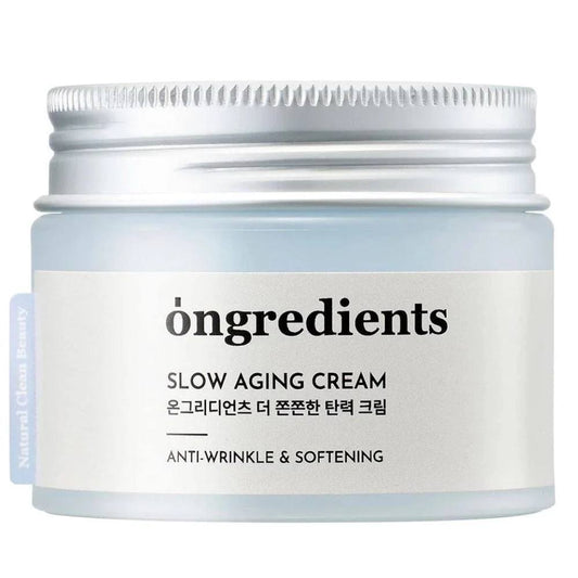Ongredients Slow Aging Cream – anti-senėjimo, stangrinantis veido kremas su mėlynosios žirnelės ekstraktu ir hialuronu.