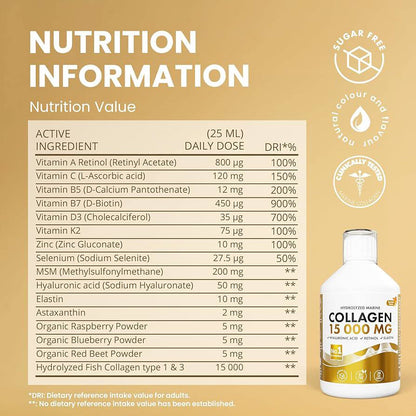Swedish Nutra 15000 mg Marine Collagen su hialurono rūgštimi ir vitaminais