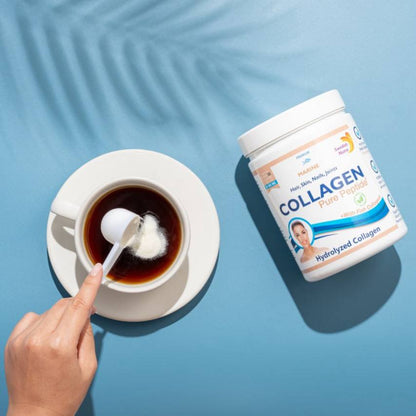 Swedish Nutra marine collagen powder maišomas su vandeniu ar kava