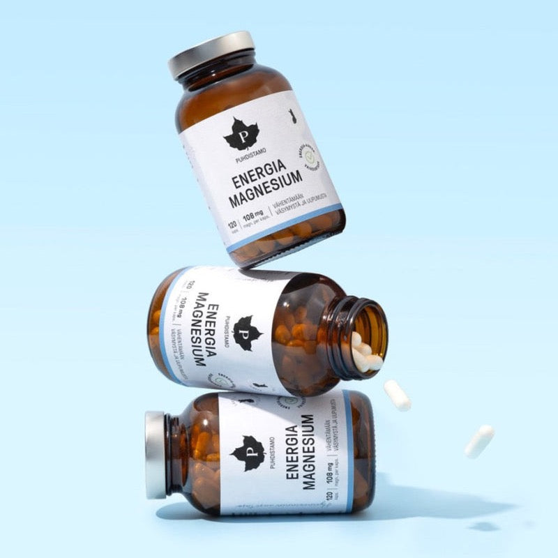 Puhdistamo Energy Magnesium buteliukai ir kapsulės