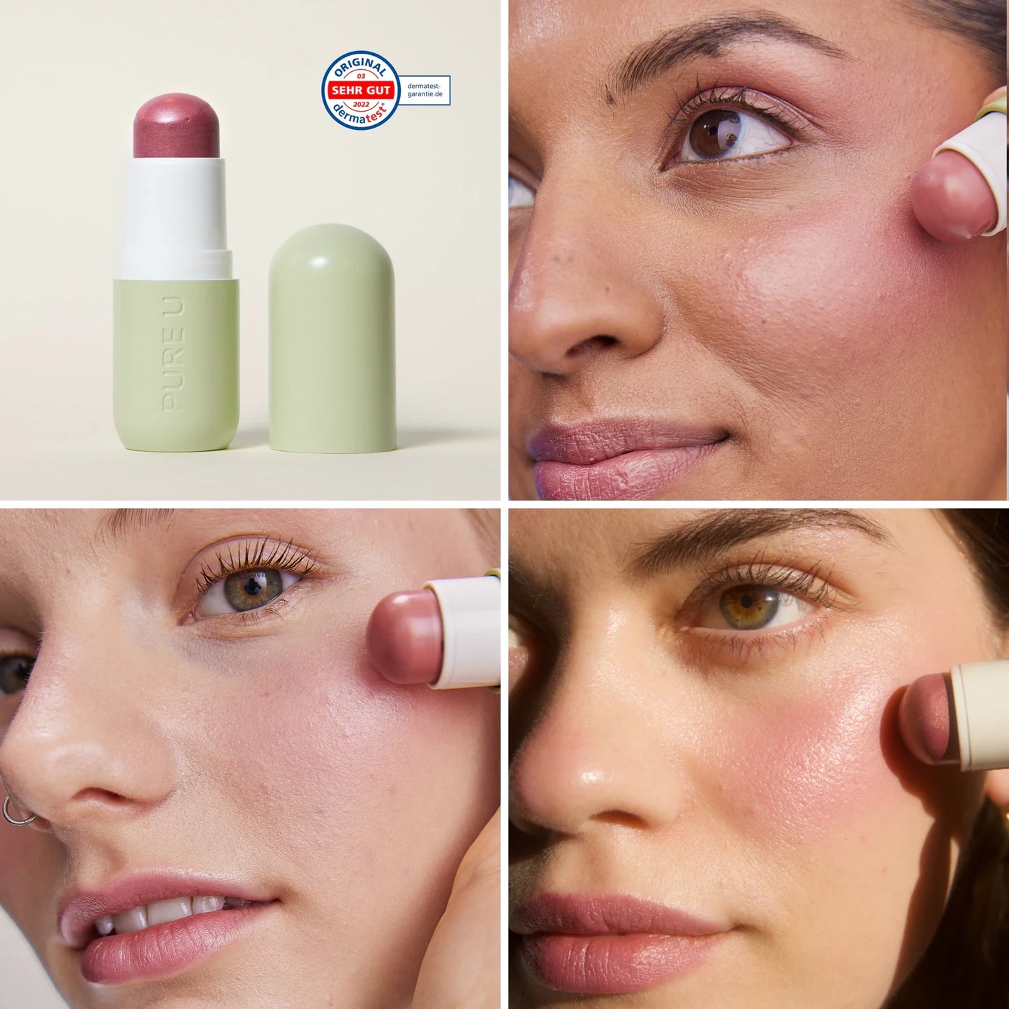 PURE U. Blush Balm Glowy Blush kreminiai skaistalai – produktas, atspalvis ant veido ir naudojimas