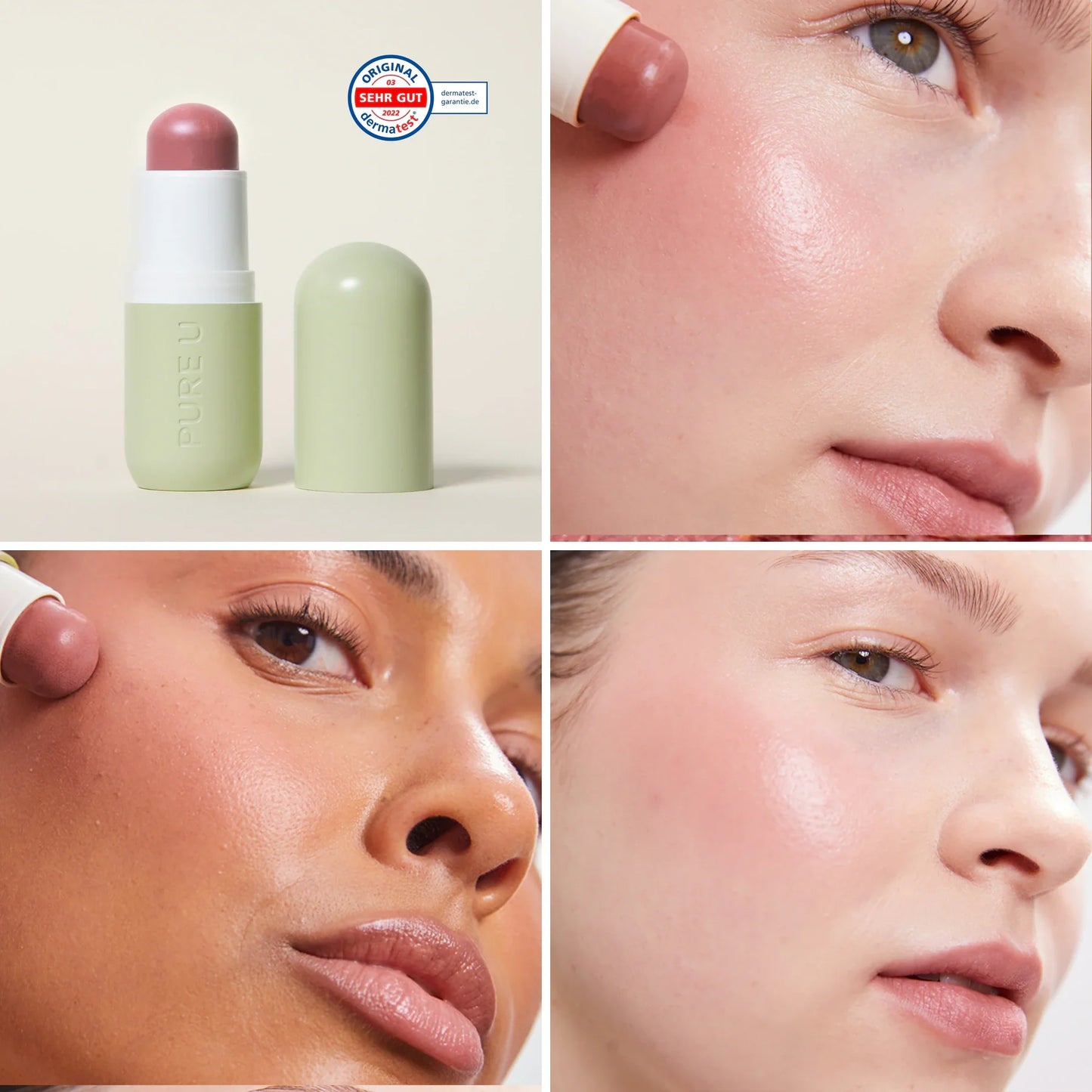 PURE U. Blush Balm Mauve Mood kreminiai skaistalai – produktas, atspalvis ant veido ir naudojimas