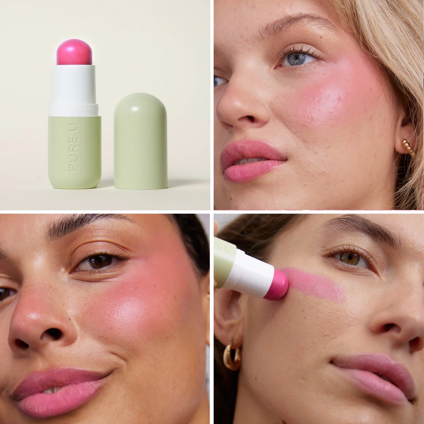 PURE U. Blush Balm Pink Pop kreminiai skaistalai – produktas, atspalvis ant veido ir naudojimas