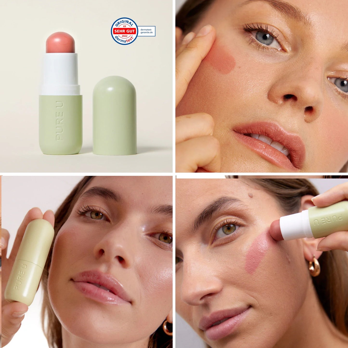 PURE U. Blush Balm Spring Day kreminiai skaistalai – produktas, atspalvis ant veido ir naudojimas