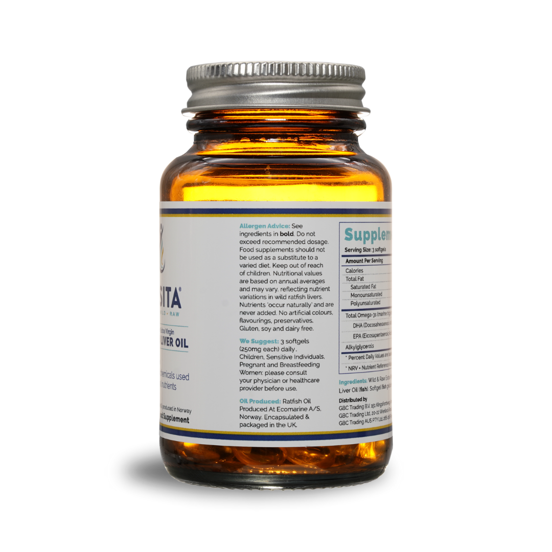 Rosita Ratfish Liver Oil, 90 kapsulių – buteliuko etiketė su vartojimo ir gamybos informacija