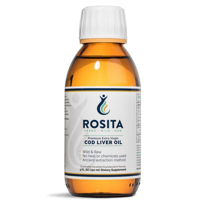 Rosita EVCLO skysti žuvų taukai, 150 ml buteliukas baltame fone
