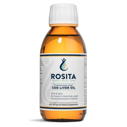 Rosita EVCLO skysti žuvų taukai, 150 ml buteliukas baltame fone